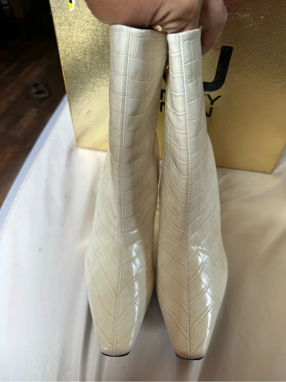 Croc-Embossed White Pointed Toe Ankle Booties